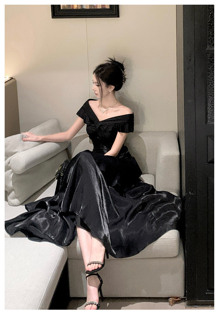 French Style Luxury Black Off-Shoulder Dress